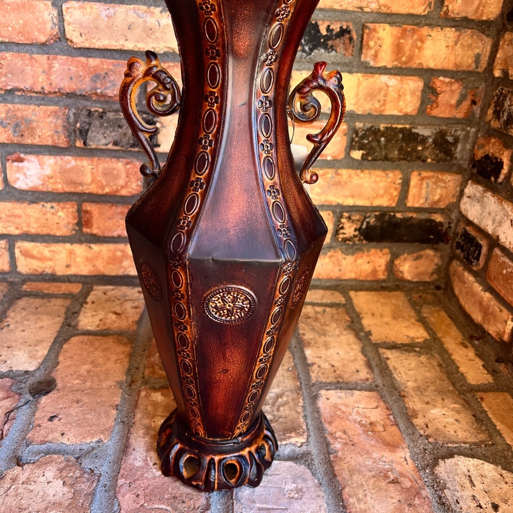 Antique-Style Metal Brown Embossed Decorative Floor Vase with Handles 18” tall - Picture 2 of 4